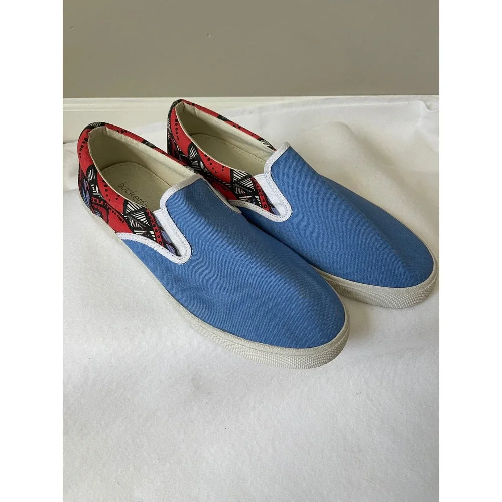 Bucketfeet Mens Blue Canvas Slip On Sneakers Artist Designed Tribal Print Size10